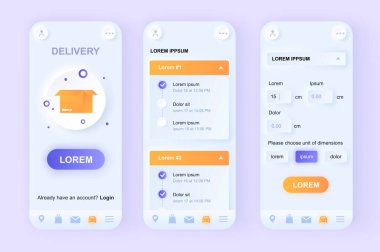 Teslimat servisi benzersiz neomorfik tasarım seti. Çevrimiçi sipariş ve nakliye zamanı ve güzergahı tarifi olan hızlı teslimat servisi. UI UX şablonları ayarlandı. Mobil uygulama için GUI temsilcisi çizimi.