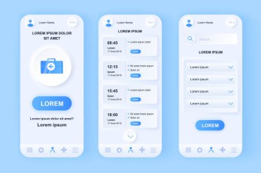 Tıbbi hizmetler benzersiz neomorfik tasarım kiti. Tıp merkezindeki doktordan randevu almak için çevrimiçi çözüm. UI UX şablonları ayarlandı. Yanıtlayıcı mobil uygulama için Arayüz çizimi.