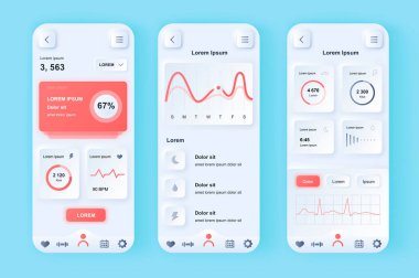 Sağlık ve aktivite eşsiz neomorfik tasarım kitini izliyor. Kalp atışı ve aktivite analizleriyle sağlık izleme uygulaması. UI UX şablonları ayarlandı. Mobil uygulama için GUI temsilcisi çizimi.