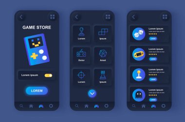 Game store unique neomorphic design kit. Computer video games, game accessories for smartphones, gamepads and consoles. UI UX templates set. Vector illustration of GUI for responsive mobile app. clipart