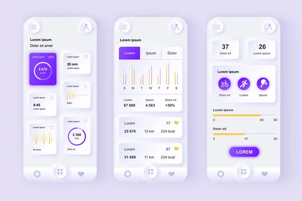 Gezondheid en activiteit tracking unieke neomorfe ontwerp kit. Persoonlijke monitoring applicatie met activity analytics, huidige gezondheidsniveau. UI UX sjablonen ingesteld. Vector illustratie van GUI voor mobiele app — Stockvector