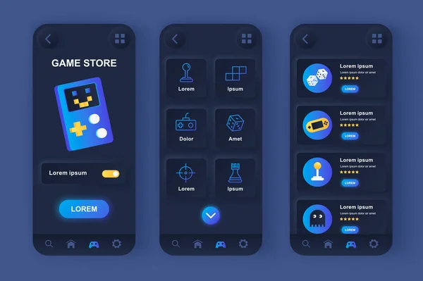 Game store unique neomorphic design kit. Computer video games, game accessories for smartphones, gamepads and consoles. UI UX templates set. Vector illustration of GUI for responsive mobile app.