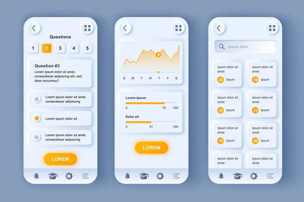 Plataforma de aprendizagem on-line kit de design neomórfico exclusivo. Serviço de educação a distância para alunos e professores, progresso do estudo. UI UX templates set. Ilustração vetorial de GUI para aplicativo móvel responsivo. — Vetor de Stock