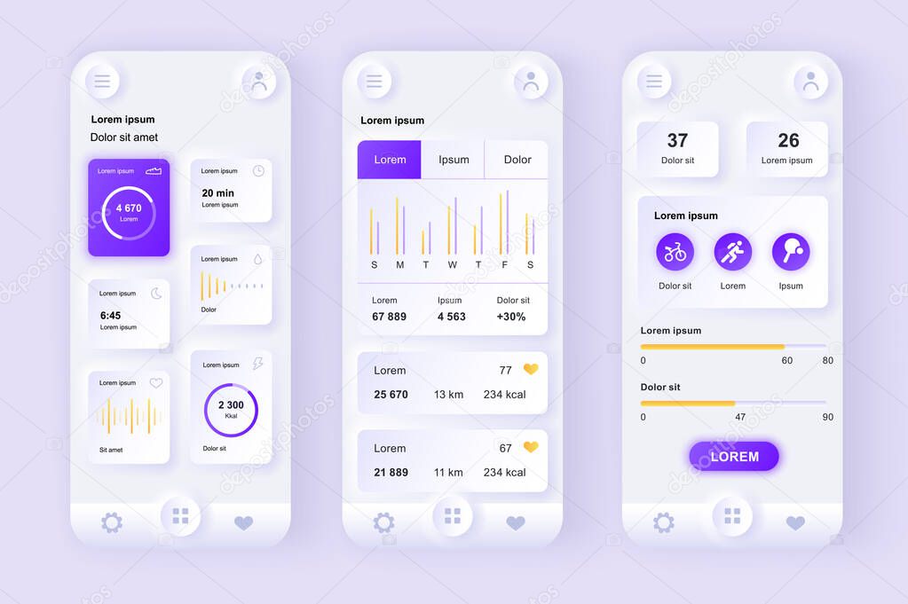 Health and activity tracking unique neomorphic design kit. Personal monitoring application with activity analytics, current health level. UI UX templates set. Vector illustration of GUI for mobile app
