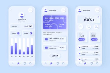 Çevrimiçi bankacılık benzersiz neomorfik tasarım kiti. Finansal analiz ve denge ile mobil cüzdan ekranları. Mali yönetim UI UX şablonları ayarlandı. Yanıtlayıcı mobil uygulama için Arayüz çizimi.