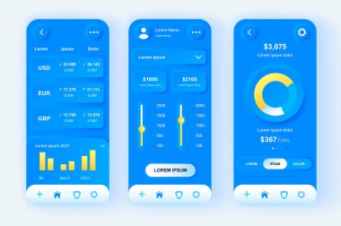 Finans hizmetleri benzersiz neomorfik tasarım kiti. Banka hesapları izleme, bütçe hesaplama, finansal planlama ve kısıtlama ayarları. UI UX şablonları ayarlandı. Yanıtlayıcı mobil uygulama için Arayüz çizimi.