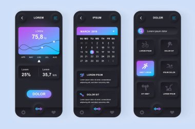 Eşsiz neomorfik tasarım kiti. Spor organizatörü, spor programları, sağlık izleme, mevcut aktivite seviyesi. UI UX şablonları ayarlandı. Yanıtlayıcı mobil uygulama için Arayüz çizimi