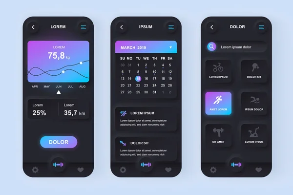 Eşsiz neomorfik tasarım kiti. Spor organizatörü, spor programları, sağlık izleme, mevcut aktivite seviyesi. UI UX şablonları ayarlandı. Yanıtlayıcı mobil uygulama için Arayüz çizimi — Stok Vektör