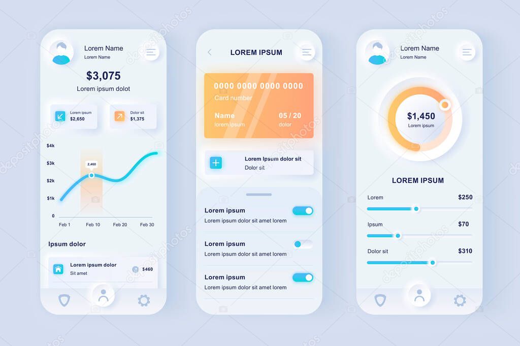 Online banking unique neomorphic design kit. Smart finance application with manage transactions and view account activities. UI UX templates set. Vector illustration of GUI for responsive mobile app.