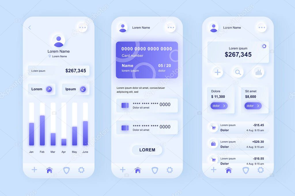 Online banking unique neomorphic design kit. Mobile wallet screens with financial analytics and balance. Financial management UI UX templates set. Vector illustration of GUI for responsive mobile app.