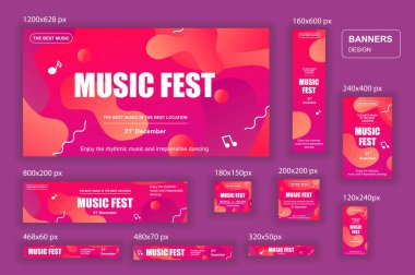 Mobil ve sosyal ağlar, posterler, alışveriş reklamları, pazarlama malzemeleri için farklı boyutlarda web pankartları toplayın. Ürün tanıtımı, müzik festivali, DJ partisi, müzikal tatil için bohça afişleri.