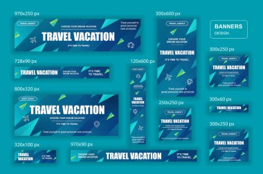 Mobil ve sosyal ağlar, posterler, alışveriş reklamları, pazarlama malzemeleri için farklı boyutlarda web pankartları toplayın. Ürün tanıtımı, seyahat acentesi, seyahat, tatil, seyahat için bohça afişleri.
