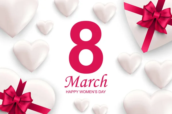 Щасливий жіночий день вітальна листівка. Білі серця з рожевими стрічковими бантами. Векторна ілюстрація привітання 8 березня. Красивий дизайн банера з реалістичними 3d елементами на білому тлі . — стоковий вектор