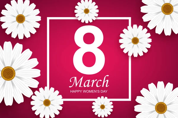 Χαρούμενη ευχετήρια κάρτα για γυναίκες. Λευκά λουλούδια χαμομηλιού και κείμενο σε πλαίσιο. Εικονογράφηση διάνυσμα συγχαρητηρίων στις 8 Μαρτίου. Ρομαντικό σχεδιασμό πανό με ρεαλιστικά 3D στοιχεία σε ροζ φόντο — Διανυσματικό Αρχείο