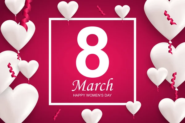 Selamat hari wanita kartu ucapan. Balon udara berbentuk hati putih dan confetti jatuh. Ilustrasi vektor ucapan selamat pada 8 Maret. Desain Banner, elemen 3d yang realistis pada latar belakang pink. - Stok Vektor