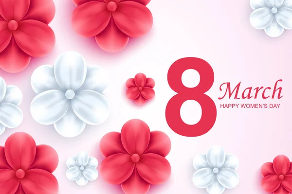 Χαρούμενη ευχετήρια κάρτα για γυναίκες. Όμορφα κόκκινα και λευκά λουλούδια στο φως φόντο. Εικονογράφηση διάνυσμα συγχαρητηρίων στις 8 Μαρτίου. Λεπτό floral banner σχεδιασμό με ρεαλιστικά 3d λουλούδια. — Διανυσματικό Αρχείο