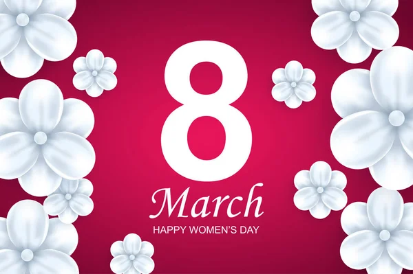 Felice giorno delle donne modello di biglietto di auguri. Bellissimi fiori bianchi su sfondo rosa. Illustrazione vettoriale di congratulazioni l '8 marzo. Design romantico banner floreale con realistici fiori 3d. — Vettoriale Stock