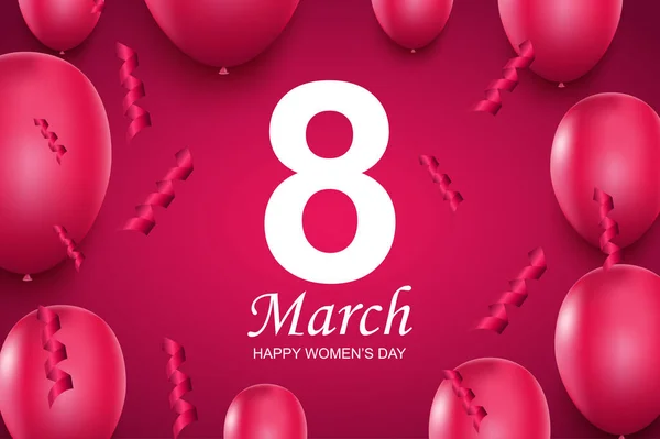 Feliz tarjeta de felicitación del día de las mujeres. Globos de aire rosa y confeti cayendo. Ilustración vectorial de felicitaciones el 8 de marzo. Hermoso diseño de banner con elementos 3D realistas sobre fondo rosa. — Archivo Imágenes Vectoriales