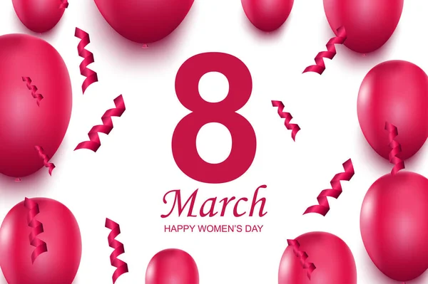 Feliz tarjeta de felicitación del día de las mujeres. Globos de aire rosa y confeti cayendo. Ilustración vectorial de felicitaciones el 8 de marzo. Precioso diseño de banner con elementos 3D realistas sobre fondo blanco. — Archivo Imágenes Vectoriales