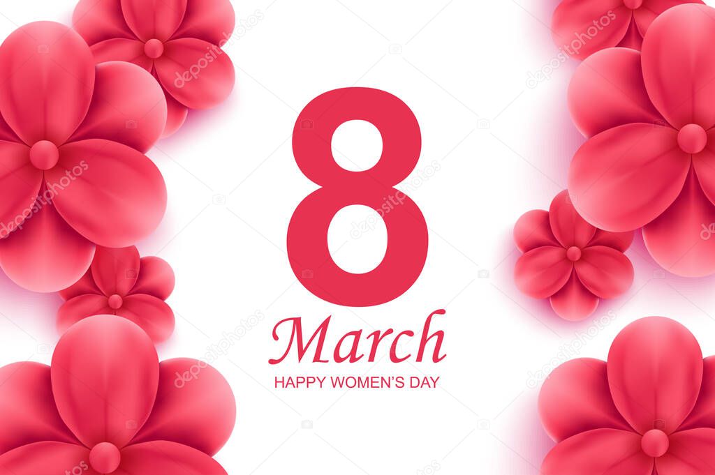 Happy womens day greeting card. Beautiful red flowers with shadow on white background. Vector illustration of congratulation on 8th of March. Delicate floral banner design with realistic 3d flowers.