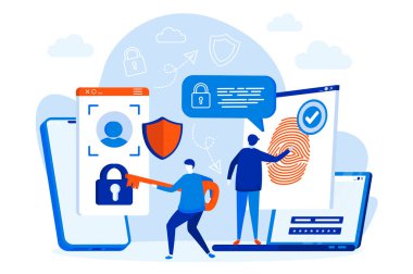 İnsan karakterli biyometrik erişim kontrol ağı tasarımı. Biyometrik tanımlama ve doğrulama. Parmak izi tarama teknolojisi. Sosyal medya tanıtım materyalleri için vektör illüstrasyonu.