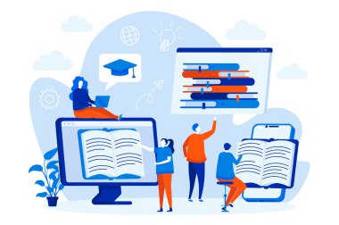 Çevrimiçi insan karakterleriyle internet okuma kavramı. Öğrenciler e-kitap sahnesi okuyor. Uzaktan eğitim ve bilgi, düz bir tasarım. Sosyal medya tanıtım materyalleri için vektör illüstrasyonu.
