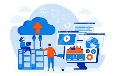 İnsan karakterli sağlayıcı web tasarımı konsepti sunuyor. Mühendislerin çalışma sahnesi. Web sitesi servis kompozisyonu düz biçimde. Sosyal medya tanıtım materyalleri için vektör illüstrasyonu.