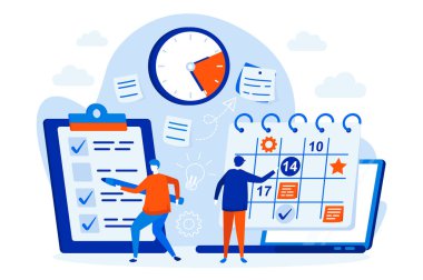 İnsanlarla iş planlama web tasarımı konsepti. Yöneticiler faaliyet ve görev sahnesi planlıyorlar. Düz biçimde zaman yönetimi kompozisyonu. Sosyal medya tanıtım materyalleri için vektör illüstrasyonu.