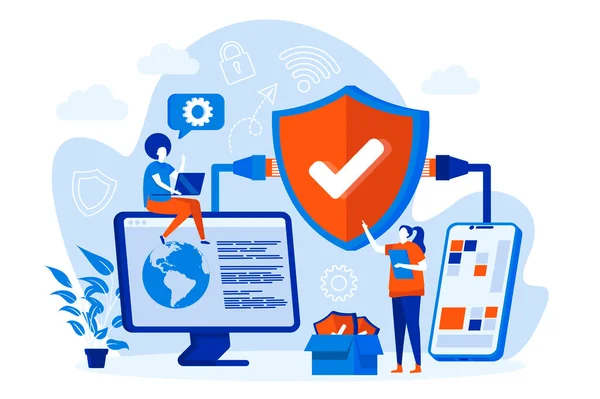 Concepto web de seguridad de red con personas. Ingenieros de ciberseguridad diseñan escenas de trabajo. Firewall y software antivirus de composición de estilo plano. Ilustración vectorial para materiales promocionales de redes sociales. — Archivo Imágenes Vectoriales