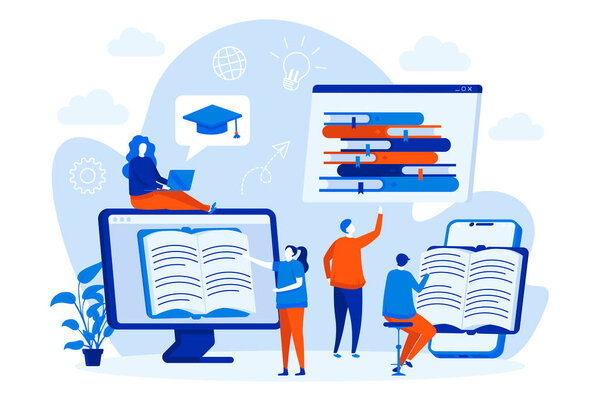 Интернет-чтение веб-концепции с персонажами людей. Студенты читают электронные книги. Дистанционное образование и знания, дизайн в плоском стиле. Векторная иллюстрация для рекламных материалов в социальных сетях.