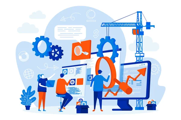 Diseño web de optimización SEO con personas. Equipo SEO analizando la escena de datos. Optimización del sitio web para la composición de búsquedas relevantes en estilo plano. Ilustración vectorial para materiales promocionales de redes sociales — Vector de stock