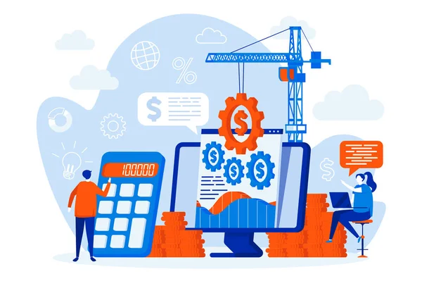 人々の文字と金融管理のWebデザイン。財務監査と会計の現場。予算の計算組成フラットスタイルで。ソーシャルメディアプロモーション資料用ベクターイラスト. — ストックベクタ
