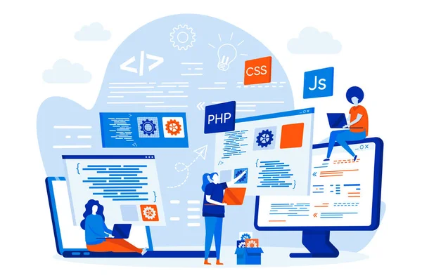 Corsi di programmazione web design concept con persone. Studenti che studiano con la scena informatica. Composizione dei corsi IT online in stile piatto. Illustrazione vettoriale per materiali promozionali sui social media. — Vettoriale Stock