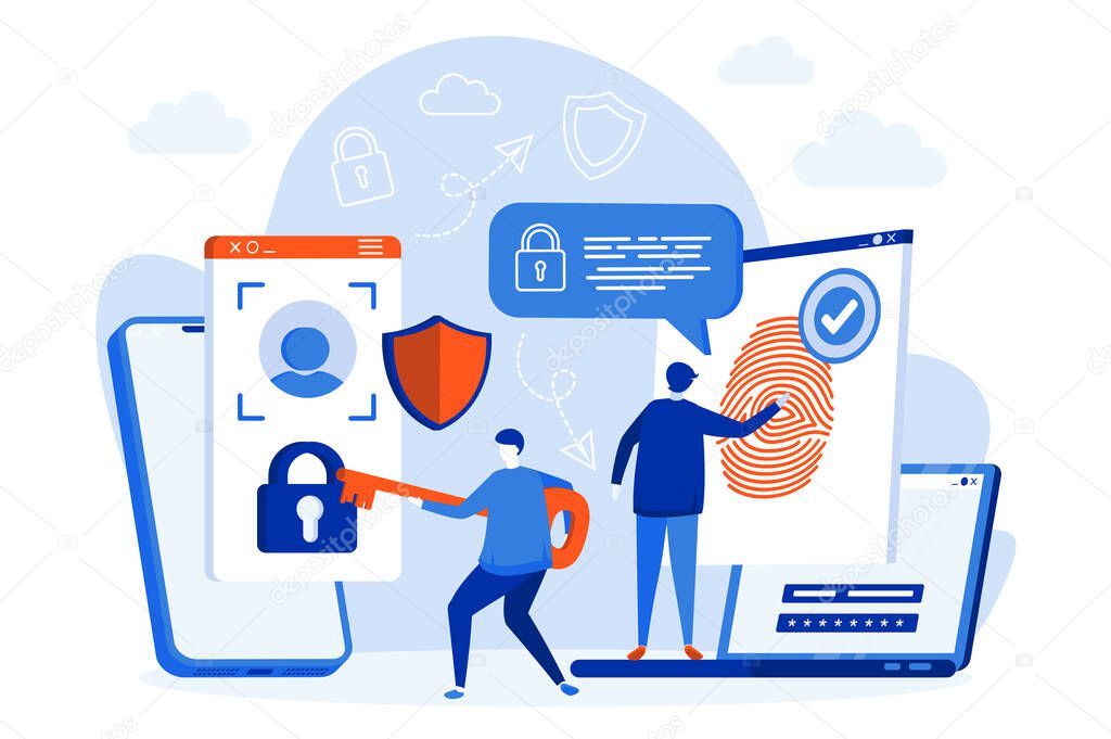 Biometric access control web design with people characters. Biometrics identification and verification. Fingerprint scanning technology. Vector illustration for social media promotional materials.
