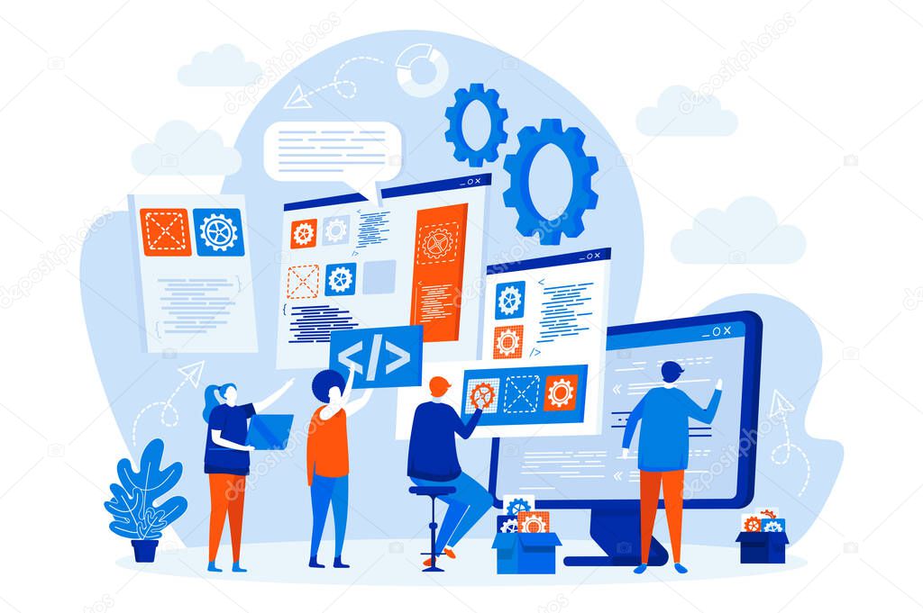 Developers team web design with people characters. Designers and developers teamwork scene. Software engineering composition in flat style. Vector illustration for social media promotional materials.