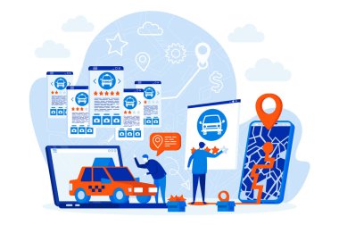 İnsan karakterli taksicilik web tasarımı konsepti. Mobil uygulama sahnesi üzerinden taksi kiralayan bir adam. Çevrimiçi araba servisi kompozisyonu düz. Sosyal medya tanıtım materyalleri için vektör illüstrasyonu.