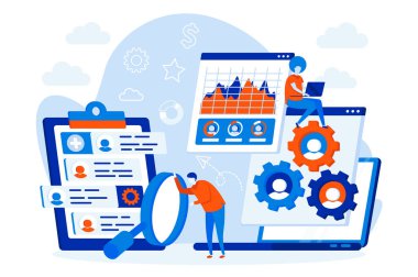 İnsan karakterli HR yönetim web tasarımı konsepti. İK yöneticileri aday CV sahnesini inceliyor. İşe alım ajansı düz stil kompozisyonu. Sosyal medya tanıtım materyalleri için vektör illüstrasyonu