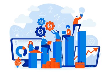 Kariyer fırsatları web sitesinde insanlarla birlikte. Profesyonel kariyer sahne tasarımı. Motivasyon ve liderlik düz stilde. Sosyal medya tanıtım materyalleri için vektör illüstrasyonu.