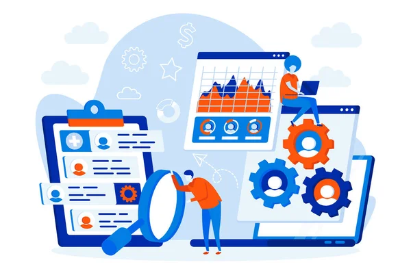 人事管理Webデザインのコンセプト。人事部長は履歴書の場面を調査する。採用代理店組成フラットスタイルで。ソーシャルメディアプロモーション資料用ベクターイラスト — ストックベクタ