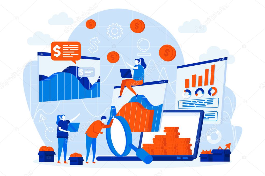 Business statistic web design with people characters. Analytic team analyzing data scene. Financial research composition in flat style. Vector illustration for social media promotional materials.