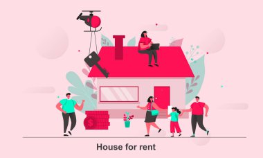 Ev kirası konsept tasarımı için düz stil. Ev, aile sahnesi görselleştirmesi için kiralanmış. Gayrimenkul alım ve kiralama servisi. Hayat durumundaki küçük insan karakterleriyle vektör illüstrasyonu