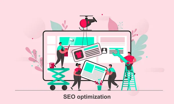 SEO optimization web concept design in flat style. SEO teamwork scene visualization. Website optimization for relevant searches. Vector illustration with tiny people characters in life situation. — Stock Vector