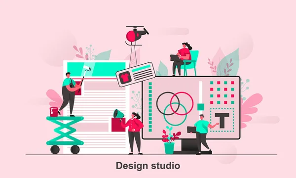 Design studio web concept ontwerp in platte stijl. Ontwerpers teamwork met web project scene visualisatie. Workshop voor creatieve agentschappen. Vector illustratie met kleine mensen personages in het leven situatie. — Stockvector