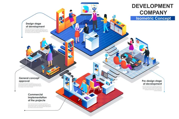 Utvecklingsbolagets inredningsisoometriska koncept. Scener för godkännande och utformningsstadier av projektutveckling. Människor som arbetar på olika avdelningar. Vektor platt illustration i 3D-design — Stock vektor