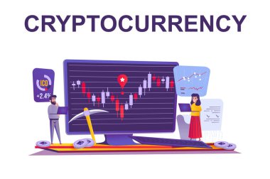 Kripto para birimi ve finans web sitesi konsepti düz stilde. İnsanlar şamdan grafiğini, dijital borsa işlemlerini, kar büyüme sahnesini analiz ediyor. Web sitesi tasarımı için çizgi film karakterlerinin vektör illüstrasyonu