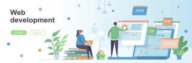 Web Geliştirme İniş Sayfası. Yazılım mühendisliği web pankartı. Tam yığın web geliştirme şirketi vektör çizimi. Düz konsept sosyal medya tanıtım materyalleri için harika.