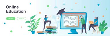 Çevrimiçi eğitim sayfasında insan karakterler var. Uzaktan öğrenme web afişi. Çevrimiçi kurslar, eğitici webinars vektör çizimleri. Düz konsept sosyal medya tanıtım materyalleri için harika.
