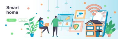 İnsanlarla dolu akıllı bir ev sayfası. Otomatik sistem mühendisliği web pankartı. Akıllı ev yönetimi çözüm vektör çizimi. Düz konsept sosyal medya tanıtım materyalleri için harika