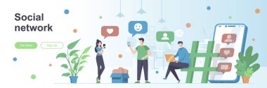 İnsan karakterli sosyal ağ iniş sayfası. Çevrimiçi mesajlaşma hizmeti web pankartı. sohbet mobil uygulama vektör illüstrasyonu. Düz konsept sosyal medya tanıtım materyalleri için harika.