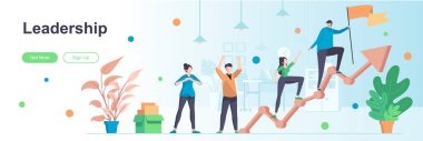 Liderlik iniş sayfasında insan karakterler var. Takım oluşturma ve işbirliği pankartı. Ortaklık ve başarı vektör çizimi. Düz konsept sosyal medya tanıtım materyalleri için harika